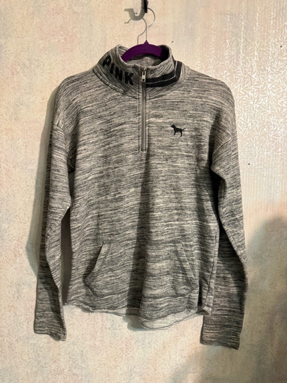 PINK Victoria's Secret Gray Heather Quarter-Zip Sweater with Dog Logo, Sz XS